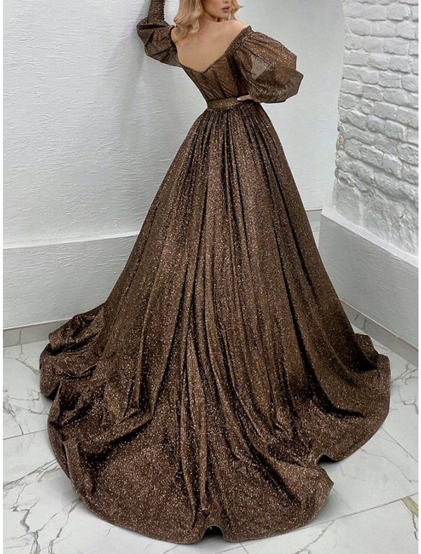 Luolandi A-Line Evening Gown Elegant Dress Formal Court Train Long Sleeve Off Shoulder Lurex Fabric with Pleats Strappy Sparkly